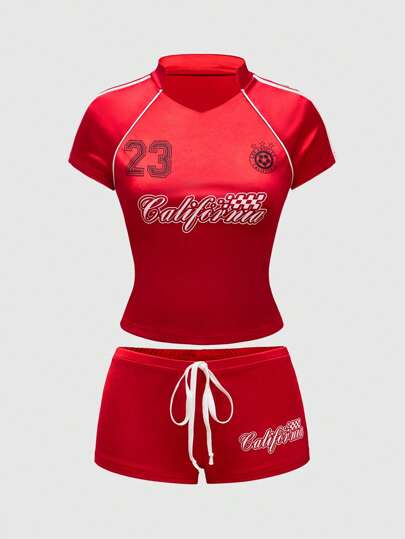 ROMWE Avant 2 Stücke/Set Damen Y2K Sport Volleyball Trikot & Shorts, athletisches Sportset