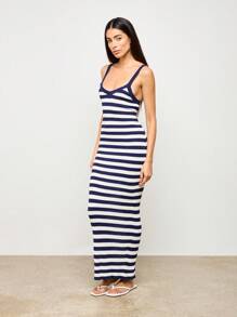 AiiRZ Váy Maxi Maxi Sọc Hàng Hải Không Tay Không Tay Đi Biển Mùa Hè Áo Ba Lỗ Ôm Sát Dài Cổ Tròn Mặc Đi Nghỉ Thường Ngày - trắng - Xem 4