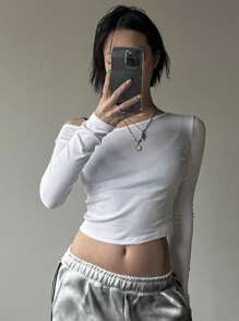 DAZY 女式纯色短款斜肩修身长袖T恤 Y2k