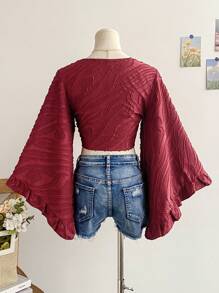 Soleia 女士纹理编织系带喇叭袖衬衫，适合暑假、嬉皮西部、音乐节、复活节、狂欢节、下午茶、派对 - 酒紅色 - 查看 2