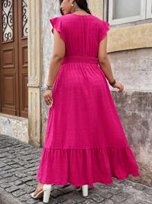 SHEIN LUNE 大码女式纯色 V 领短款盖袖休闲连衣裙 - 玫紅色 - 查看 2