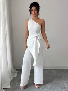 Selianne 优雅纯色蝴蝶结装饰连体裤，白色夏季服装，适合度假、婚礼、波西米亚风、节日装 - 白色 - 查看 6