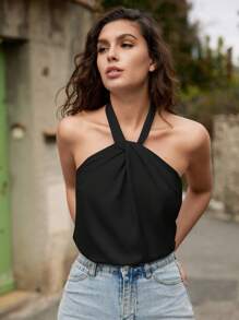 SHEIN Frenchy 夏季纯色扭结露背吊带上衣 - 黑色 - 查看 3