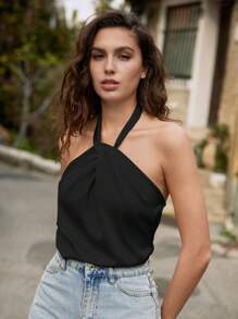 SHEIN Frenchy 夏季纯色扭结露背吊带上衣 - 黑色 - 查看 5