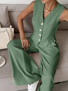 Siren Gaze Women's Solid Color Button Front Vest And Pants Suit Set,Business Casual Woman In Fall/Winter Elegant Green - Green - View 4