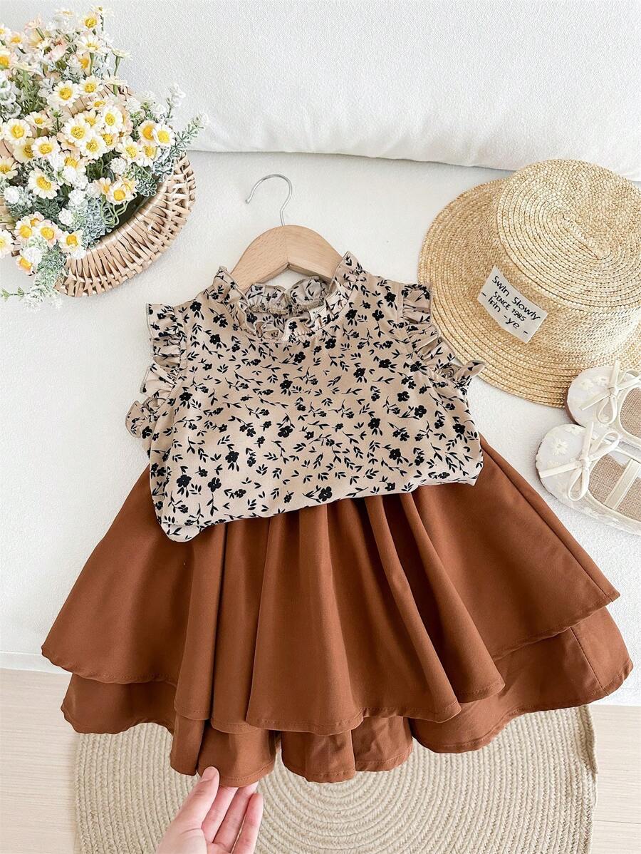 LMoss Kids LMoss 2pcs Young Girl Ditsy Floral Woven Casual Shirt And Woven Mini Skirt Set - Apricot - View 1