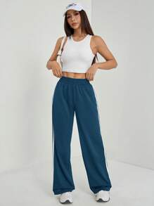 SHEIN PETITE 女士松紧腰侧条纹阔腿休闲运动裤 - 水鴨藍 - 查看 5