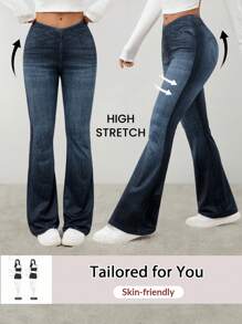 SHEIN PETITE Women's Overlapping Waist, Slightly Flared, Elegant Pockets, Natural Flared Trousers, Dark Trousers For Women