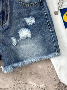 SHEIN Shorts vaqueros rasgados con borde deshilachado y lavado de piedra estilo bohemio para niñas preadolescentes, ropa de verano para niñas, ropa informal y de vacaciones de estilo bohemio para niñas en primavera y verano, atuendos de playa para niñas, ropa de calle occidental para niñas, atuendos de primavera y festivales con shorts vaqueros