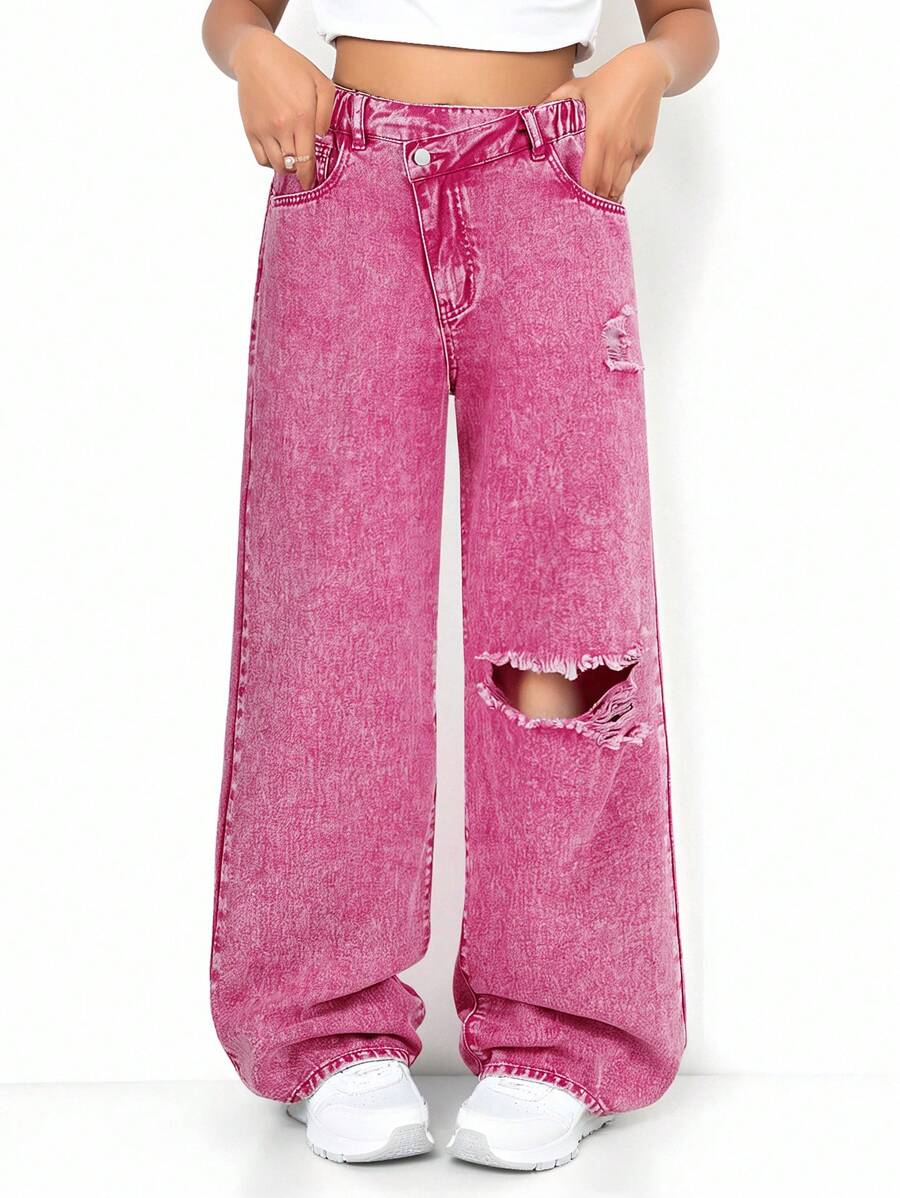 Teen Girls Y2K Style Washed Pink Distressed Wide Leg Loose Jeans - Hot Pink - View 1