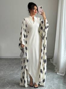 Rafferiza Vestido de Mujer con Estampado Retro Elegante, Cuello Mao, Mangas Murciélago, Cintura Ceñida y Bajo Asimétrico - Albaricoque - Ver 2
