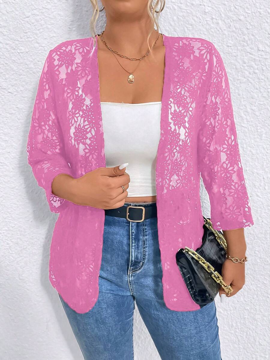 SHEIN LUNE Plus Size Summer Casual Solid Color Lace Coat - Pink - View 1