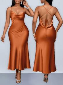 SOLERSUN Plus Size Women's Clothing Hanging Neck, Suspender, Swing Collar, Pocket Collar, Low Waist, Cross Open Back, Fishtail, Long Green Matcha Green Dress, Sexy And Elegant Party Dress, Sisters Evening Dress, Ladies Dress Maxi Satin Women Outfit /Spring Outfits For Women Wedding Guest Dress Women Concert Outfit Women