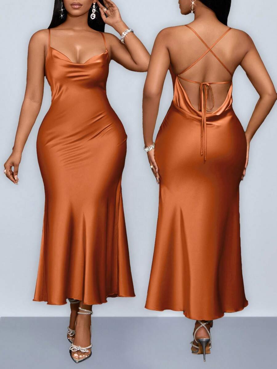 SOLERSUN Plus Size Women's Clothing Hanging Neck, Suspender, Swing Collar, Pocket Collar, Low Waist, Cross Open Back, Fishtail, Long Green Matcha Green Dress, Sexy And Elegant Party Dress, Sisters Evening Dress, Ladies Dress Maxi Satin Women Outfit /Spring Outfits For Women Wedding Guest Dress Women Concert Outfit Women