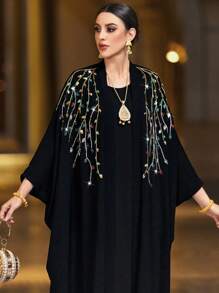 Al Najma Women's Rhinestone Plant Pattern Long Sleeve Loose Elegant Arabian Abaya Outerwear - Black - View 2