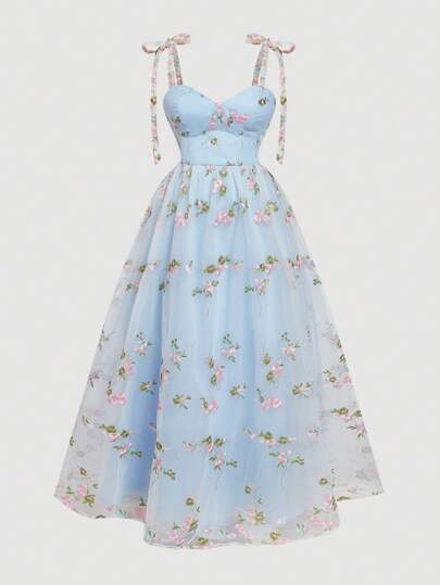 SHEIN MOD Vestido de mujer de talla grande con tirantes de espagueti de malla bordada, vestido fluido tipo vestido de ordeñadora y vestido de corsé