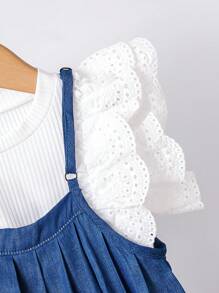 Conjunto de 2 piezas: Blusa con volantes bordados calados y vestido camisero plisado para niña joven - Rosa - Ver 5