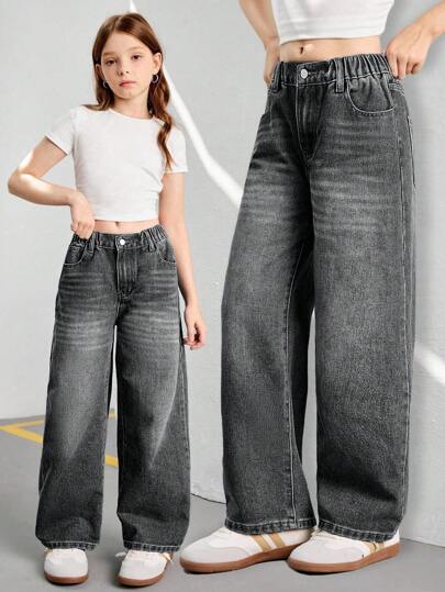 SHEIN Jeans anchos sueltos de estilo retro para niña preadolescente Streetcool, pantalones vaqueros rectos informales