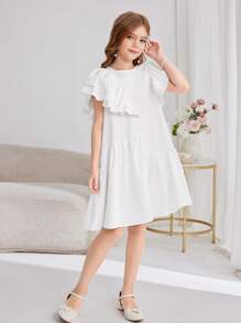 SHEIN Leap Crew Tween Girls Cute Woven Solid Asymmetrical Ruffle Splice Loose Casual Pullover Dress, Adorable Babydoll Dress - White - View 3