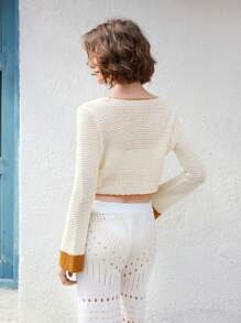 Skyraze 杏色女式钩针雏菊图案纽扣开衫、春季夹克披肩 - 米色 - 查看 2