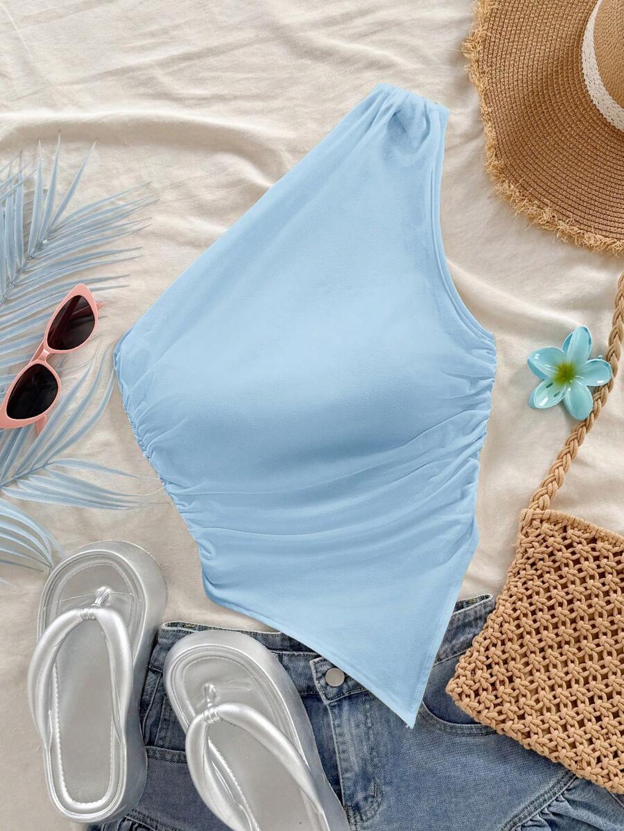 Soleia Light Blue Asymmetric Hem Shoulder-Exposed Blouse For Women, Suitable For Summer,Rave Top Suitable For Going Out - Baby Blue - View 1