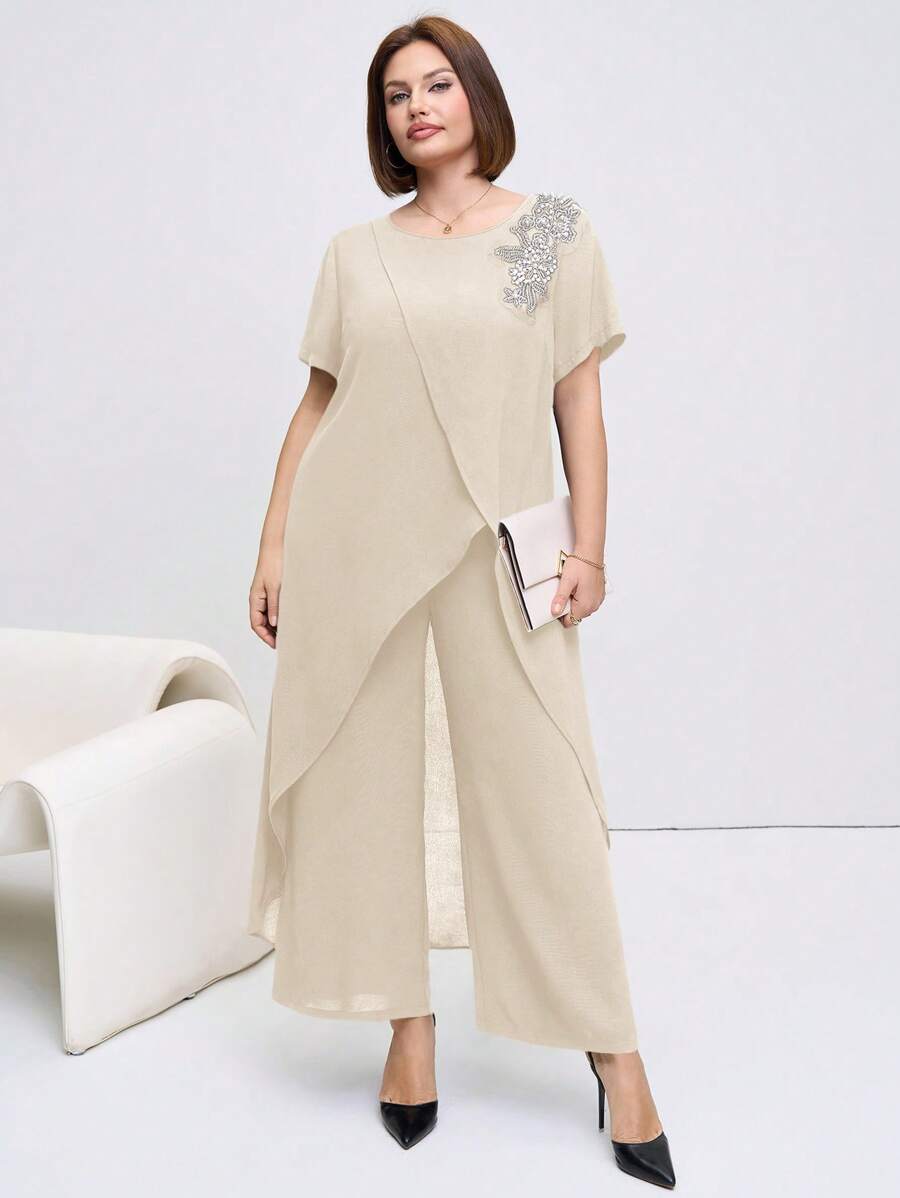 Chikora 2 件套大码女式优雅精致短袖衬衫和裤子套装 - 杏色 - 查看 1