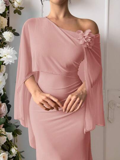 Firerie Women's Elegant Charming Romantic Ruched Solid Mesh Floral Wrap Dress, Suitable For Valentine's Day, Date, Dance Party Dresses For Wedding Event