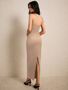 Poéselle Women's Apricot Knitted Maxi Dress With Chain Detail And Halter Neckline - Apricot - View 3