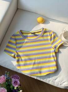 Comfortcana Áo thun nữ ôm dáng dệt kim kẻ sọc nhiều màu sắc - Màu vàng ngỗng - Xem 3