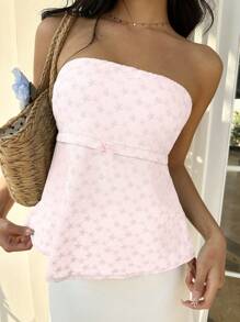 Sunnyshic Women's Fashion Vacation Embroidery Bow Bandeau Top - Baby Pink - View 5