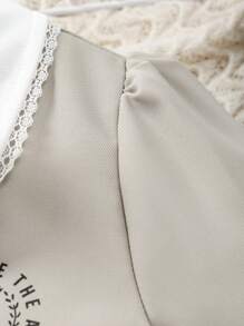 青少年女孩拼色纽扣前褶休闲连衣裙，英式风格