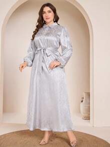 Graceveil 1pc Elegant Plus Size Women Dress With Pearl & Diamond Decor, High-End Chic Style - Grey - View 3