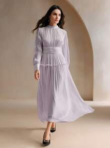 Anewsta Gaun Maxi Berpinggang Tinggi dengan Lengan Mengembang dan Sambungan Pinggang dari Kain Mengkilap yang Unik - Mauve Purple - View 7