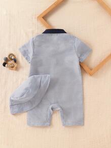SHEIN Playful Pals Baby Boy Academy Style Blue And White Stripe Romper And Hat Set,Summer Casual Family Matching Outfit,Letter Embroidery Pocket,Spring/Summer Vacation - Royal Blue - View 2