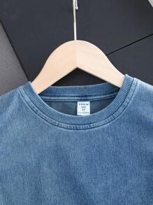 SHEIN Young Boy New Fashion Casual Soft Stonewashed Oversize Blue Knitted Denim Tank Top, For Summer And Daily Streetwear - Medium Wash - View 3