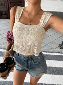 SHEIN Frenchy 女士通勤杏色纯色网眼纹理后背系带方领无袖背心，夏季女式沙滩装，波西米亚风Y2K上衣，女士可爱夏季上衣，圣诞节 - 紅白色 - 查看 3