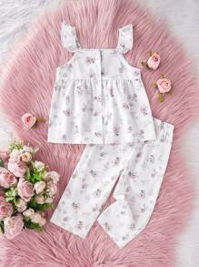 2 件套女婴休闲碎花吊带背心上衣和裤子家居服时尚 - 彩色 - 查看 4