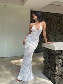 Aloruh 女式长款钩针镂空露背紧身针织鱼尾白色连衣裙，春夏