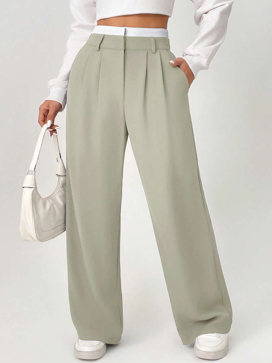 SHEIN PETITE Spring Dress PantsHigh Waist Plicated Detail Wide Leg Suit Pants,Fall - Mint Green - View 1