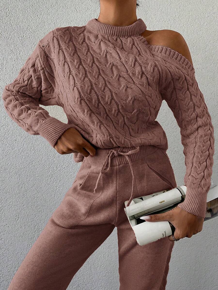 EURMUSE 2pcs Women Solid Color Open Shoulder Long Sleeve Sweater And Pants Set, Casual - Rusty Rose - View 1