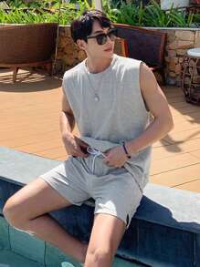 DAZY Summer Solid Light Grey Men's Tank Top Set - Light Grey - View 4
