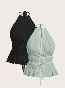 SHEIN EZwear Two-Piece Set Women's Backless Halter Neck Top, Sexy Solid Color, Summer - Multicolor - View 2