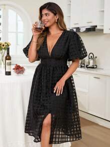 KURAYIA Elegant Sheer Puff Sleeve Shirred Black Dress For Plus Size Women, Summer - Black - View 7
