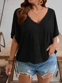 SHEIN Frenchy Plus Size Leisure Lace Patchwork Back Twist Hollow T-Shirt