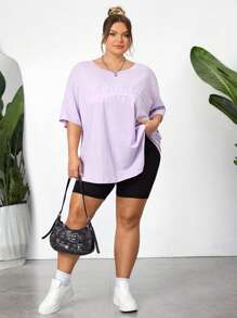 SHEIN CURVE+ Curve Plus Size Women Brooklyn Letter Embossed Black T-Shirt Streetwear