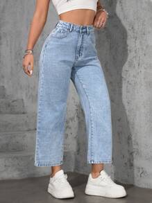 SHEIN ICON Plus Size Women Casual Loose Straight Leg Light Blue Non-Stretch Jeans