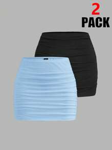 SHEIN EZwear 2pcs/Set Ruffle Double Layer Sheer Bodycon Mini Skirt - Blue - View 1