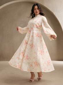 Anewsta Plus Size Elegant Digital Print Lantern Sleeve Maxi Dress, Suitable For Spring, Vacation, Festival, Easter - Multicolor - View 1