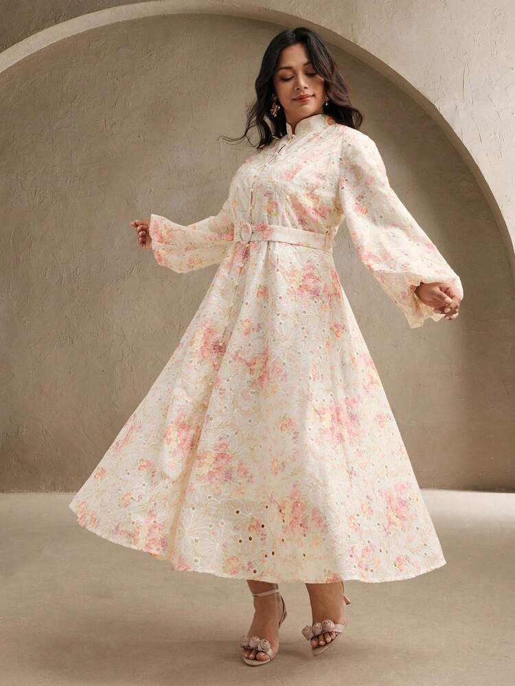 Plus Size Elegant Digital Print Lantern Sleeve Maxi Dress, Suitable For Spring, Vacation, Festival, Easter