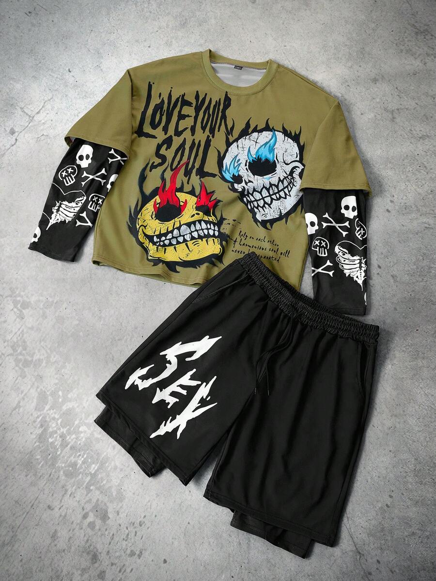 Manfinity Streetrush Conjunto de camiseta de manga larga y pantalones cortos de estilo urbano juvenil para hombres con estampado de calavera de hielo y fuego de la calle. Este conjunto presenta un diseño en contraste negro y verde con gráficos de impresión de gran tamaño, que representa un estilo de rock callejero. Es adecuado para festivales de música y uso diario, convirtiéndolo en un gran regalo para novios o esposos, que refleja la moda callejera y la estética Y2K. Conjunto de dos piezas para hombres, conjunto de camiseta de manga larga y pantalones cortos estampados con esqueleto de hielo y fuego de 2 en 1 para hombres, conjuntos de 2 piezas para hombres